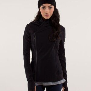 Lululemon Bhakti Jacket, black asymmetrical zip up jacket / sweater, thumbholes